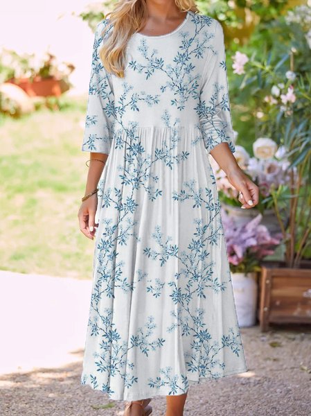

Floral Crew Neck Loose Casual Dress, White, Midi Dresses