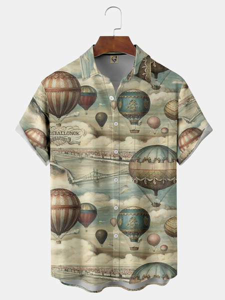 

Air Balloon Chest Pocket Short Sleeve Hawaiian Shirt, Blue, Men Shirts