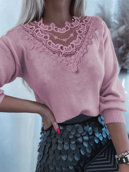 

Regular Fit Lace Casual Crew Neck Sweater, Pink, Sweaters