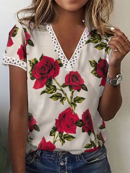 V Neck Casual Loose Lace Edge T-Shirt, Multicolor, T-Shirts