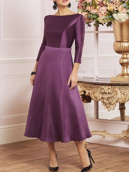 

Elegant Plain Satin Boat Neck Midi Dress Wedding, Purple, Midi Dresses