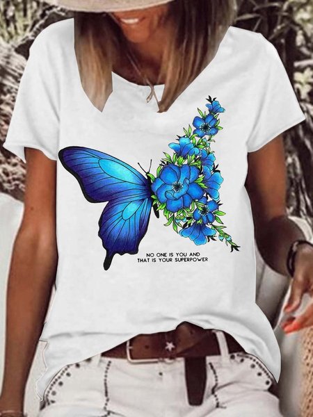 

Women's No One Is And That Is Your Superpower Butterfly Crew Neck Letters Casual T-Shirt, White, T-shirts