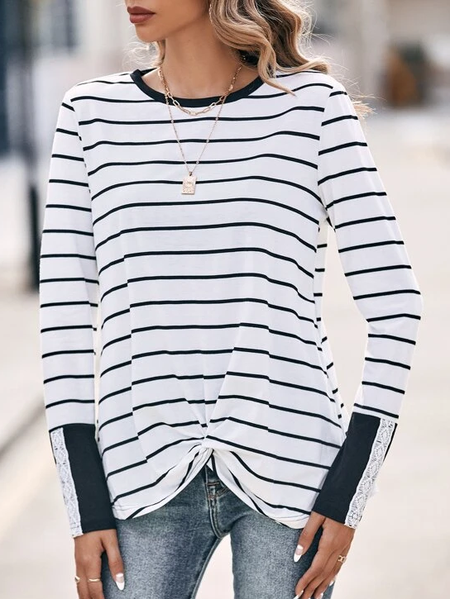 

Striped Lace Edge Casual T-Shirt, White, Tops