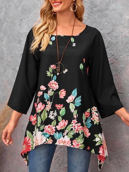 

Floral Boho Crew Neck Loose Top, Black, Tops