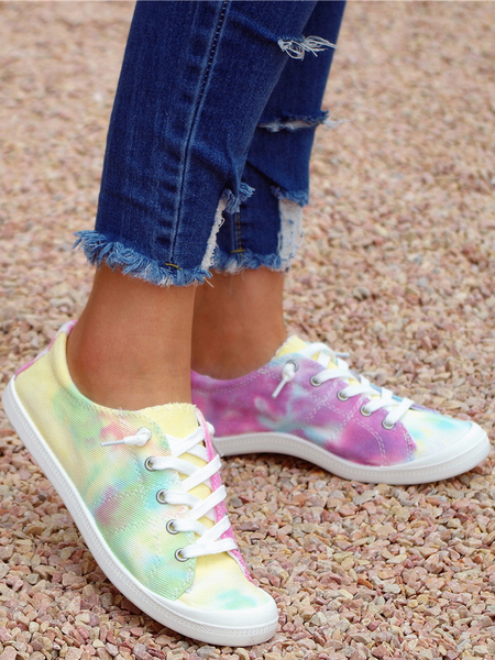 

Tie-Dye Pattern Graphic-Print Denim Lace-Up Canvas Flats, Pink, Sneakers