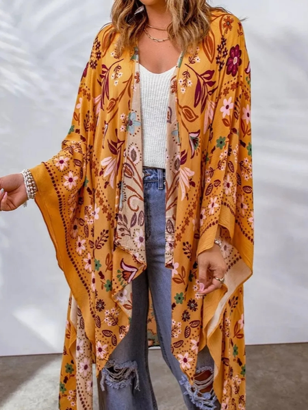 Casual Loose Floral V Neck Other Coat, Yellow, Outerwear
