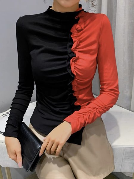 

Tight Elegant Half Turtleneck Plain Long Sleeve Top, Black-red, Blouses and Shirts