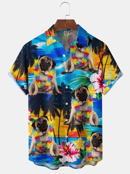 

Funny Dog Chest Pocket Short Sleeve Hawaiian Shirt, Blue, Men Shirts