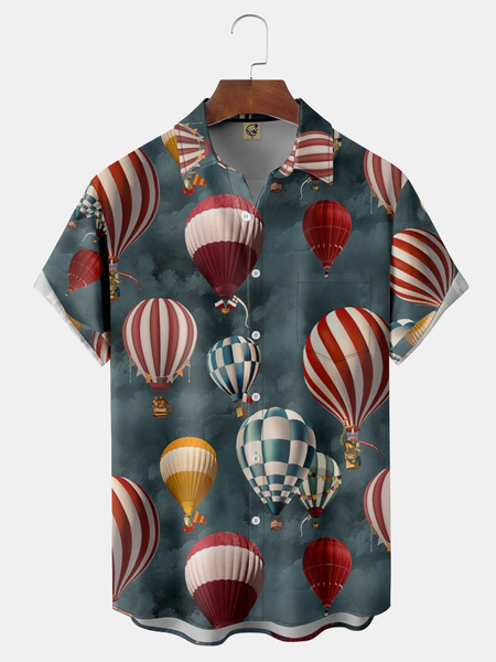 

Air Balloon Chest Pocket Short Sleeve Hawaiian Shirt, Blue, Men Shirts