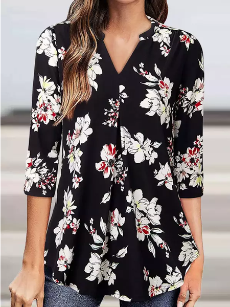 

Loose Casual V Neck Floral Top, Black, Tops