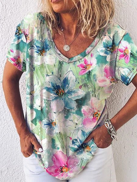 

Loose Floral V Neck Casual T-Shirt, Multicolor, T-Shirts