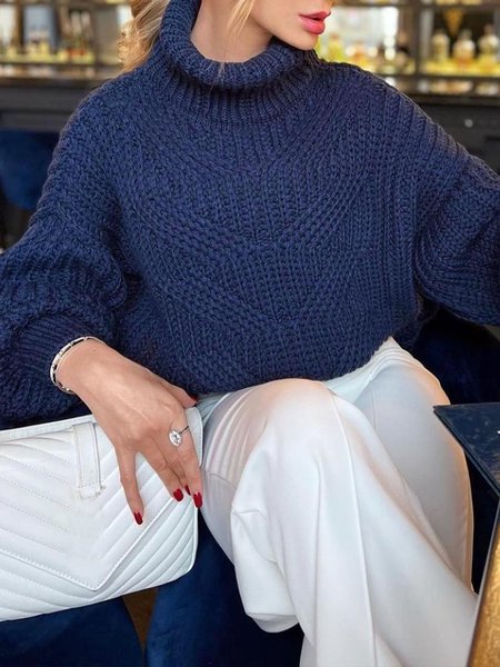 

Loose Urban Turtleneck Plain Sweater, Deep blue, Pullovers