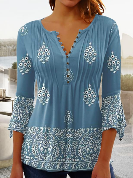 

Boho Ethnic Loose V Neck Top, Blue, Tops