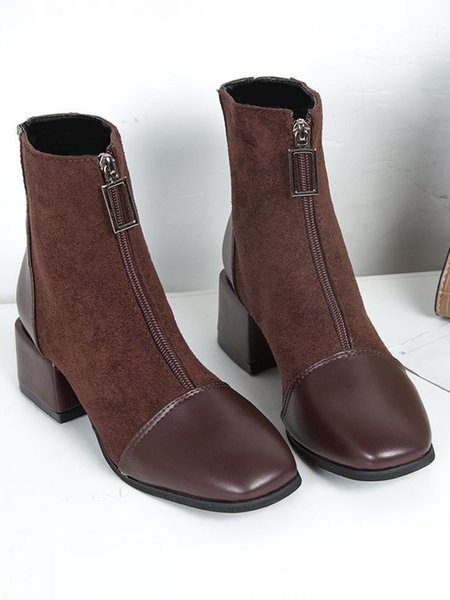 

Suede Panel Leather Solid Color Zip Front Block Heel Booties, Brown, Boots