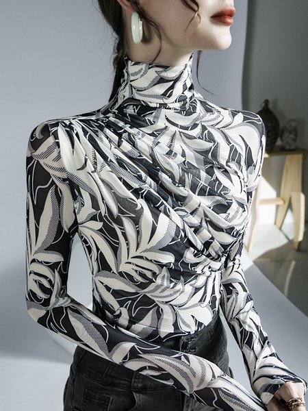 

Long sleeve Floral Elegant Tight Turtleneck T-Shirt, Off white, Tees