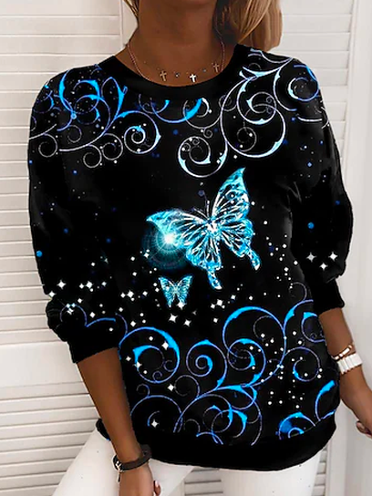 

Butterfly Floral Boho Crew Neck Loose Sweatshirt, Blue, Sweatshirts & Hoodies