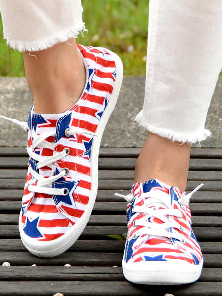 

Striped Graphic-Print Denim Lace-Up Canvas Flats, Red, Sneakers