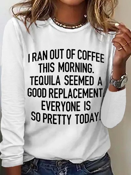 

Women's Funny Letter Coffee Casual Crew Neck Top, White, Long sleeves
