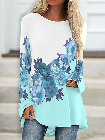 

Floral Crew Neck Casual Loose Top, Multicolor, Tops