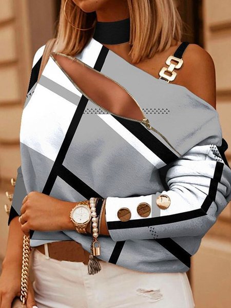 

Cold Shoulder Chain Loose Geometric Print Urban Top, Gray, Blouses and Shirts