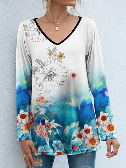

Loose Casual V Neck Floral T-Shirt, White, Tunics