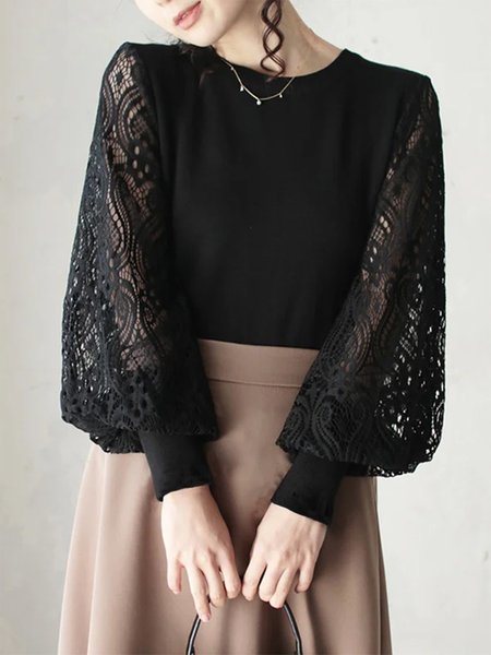 

Crew Neck Plain Elegant Long Sleeve Blouse, Black, Blouses and Shirts