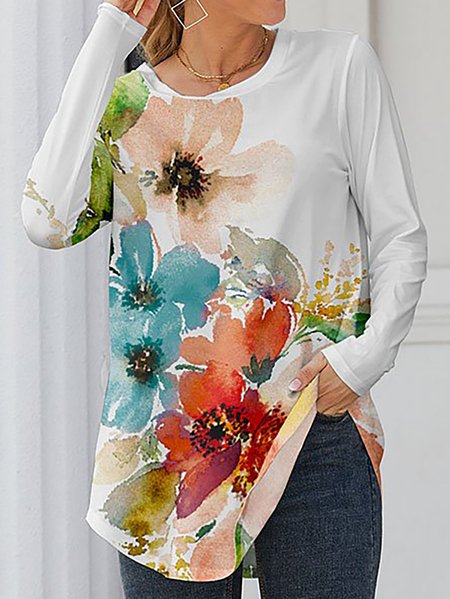 Regular Fit Casual Crew Neck Floral T-Shirt, White, Tunics
