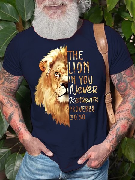

Men's The Lion In You Never Ketreats Proverbs 30:30 Funny Graphic Print Casual Text Letters Cotton Crew Neck T-Shirt, Purplish blue, T-shirts