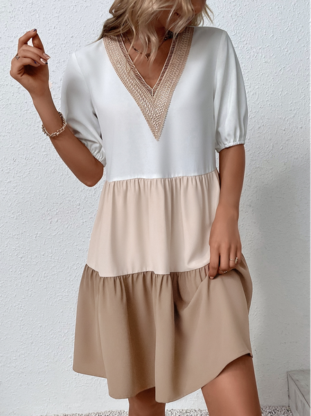 

V Neck Color Block Casual Loose Dress, Multicolor, Dresses