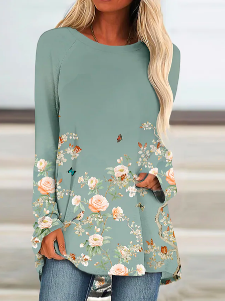 

Floral Crew Neck Casual Loose T-Shirt, Green, Tunics