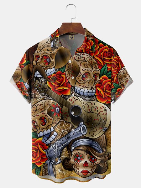 

Cinco de Mayo Chest Pocket Short Sleeve Casual Shirt, Brown, Men Shirts