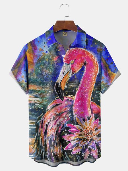 

Flamingo Chest Pocket Short Sleeve Hawaiian Shirt, Blue, Men Shirts