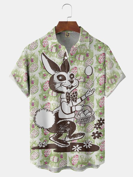 

Easter Rabbit Chest Pocket Short Sleeve Shirt, Green, Men Shirts