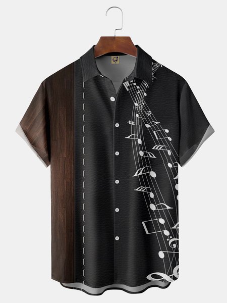 

Leather Shading Note Chest Pocket Short Sleeve Shirt, Black, Men Shirts