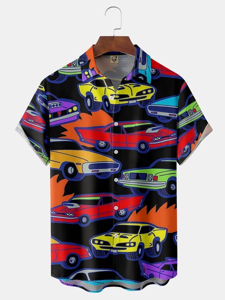 

Vintage Car Chest Pocket Short Sleeve Shirt, Black, Men Shirts