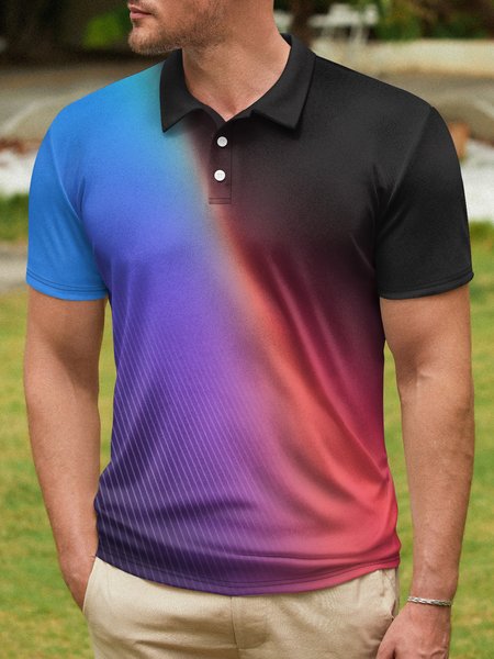 

Gradient Abstract Stripe Button Short Sleeve Polo Shirt, Blue purple, Polo Shirts