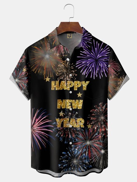 

New Year's Fireworks Chest Pocket Short Sleeve Shirt, Black, Men Shirts