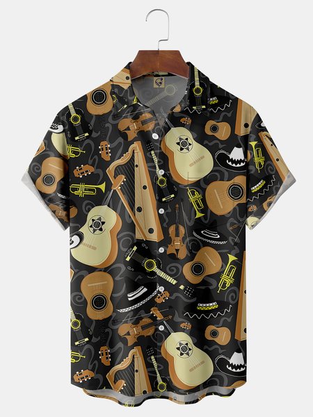 

Guitar Chest Pocket Short Sleeve Casual Shirt, Black, Men Shirts