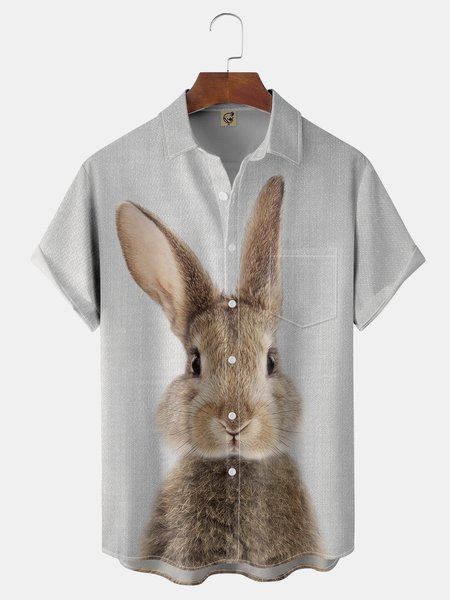 

Easter Rabbit Chest Pocket Short Sleeve Shirt, Gray, Men Shirts
