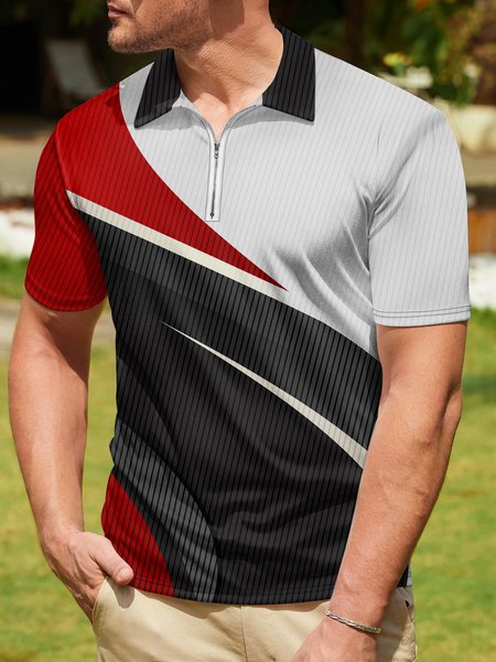 

Geometric Color Block Zip Short Sleeve Golf PoLo, Black, Polo Shirts