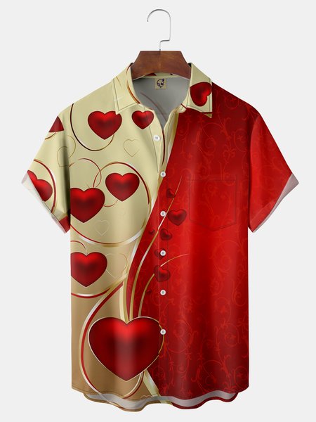 

St Valentine‘s Day Heart Chest Pocket Short Sleeve Shirt, Red, Men Shirts