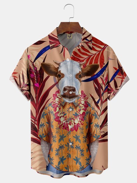 

Funny Cows Chest Pocket Short Sleeve Hawaiian Shirt, Orange red, Men Shirts