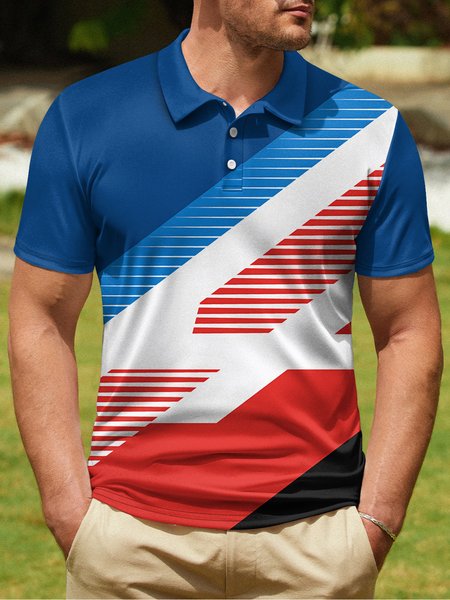 

Geometric Color Block Stripe Button Short Sleeve Golf Polo, Royal blue, Polo Shirts