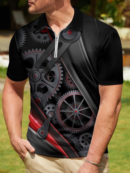 

Mechanical Gear Zipper Short Sleeve Polo Shirt, Black, Polo Shirts