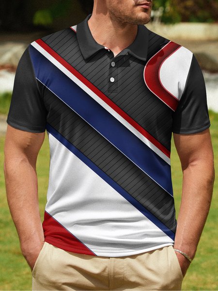 

Geometric Color Block Stripe Button Short Sleeve Golf Polo, Black, Polo Shirts