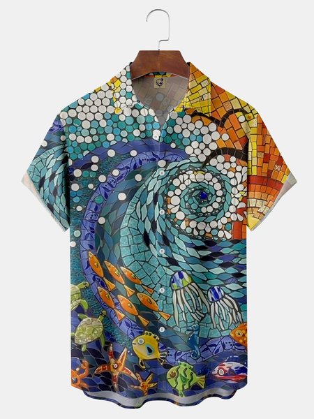 

Marine Life Chest Pocket Short Sleeve Hawaiian Shirt, Blue, Men Shirts