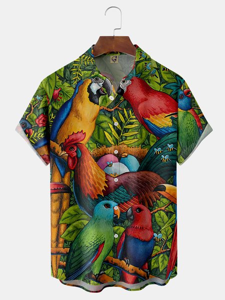 

Parrot Chest Pocket Short Sleeve Hawaiian Shirt, Green, Men Shirts