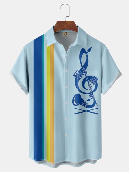 

Music Contrast Chest Pocket Short Sleeve Bowling Shirt, Blue, Men Shirts