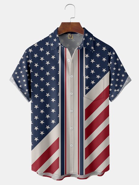 American Flag Chest Pocket Short Sleeve Casual Shirt, Black, Men Shirts