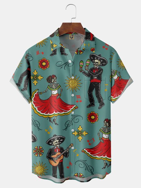

Cinco de Mayo Chest Pocket Short Sleeve Casual Shirt, Green, Men Shirts